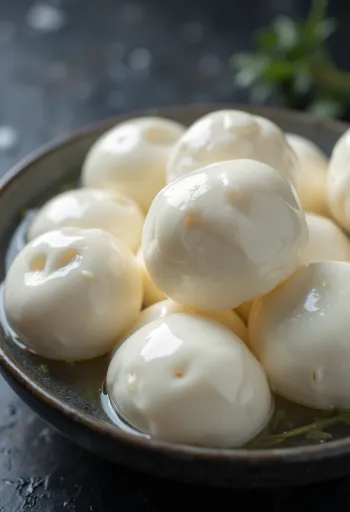 Fresh buffalo mozzarella cheese in a white ceramic bowl, on a wooden table