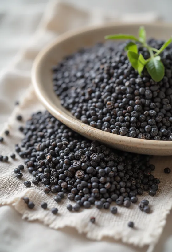 Black chia seeds photographed close up, scattered on white background