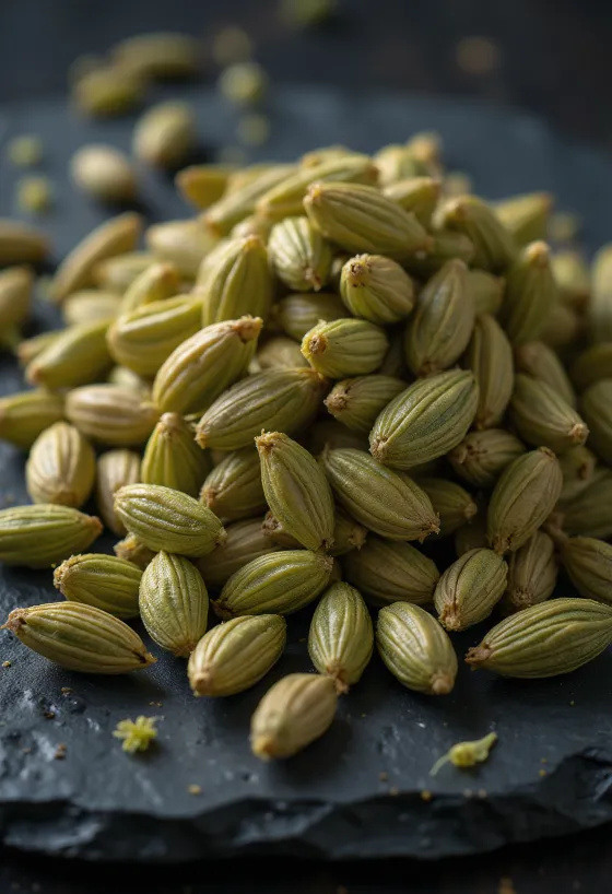 Fennel seeds in a wooden bowl and spoon, on a rustic surface
