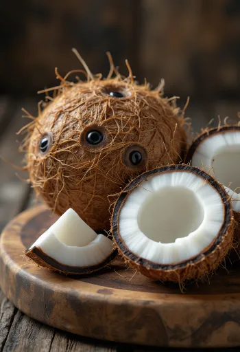 Whole coconuts and a cracked piece revealing the white meat