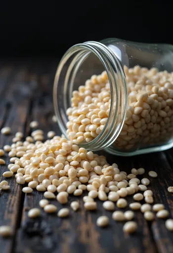 White chia seed pile photographed close up, on a light background
