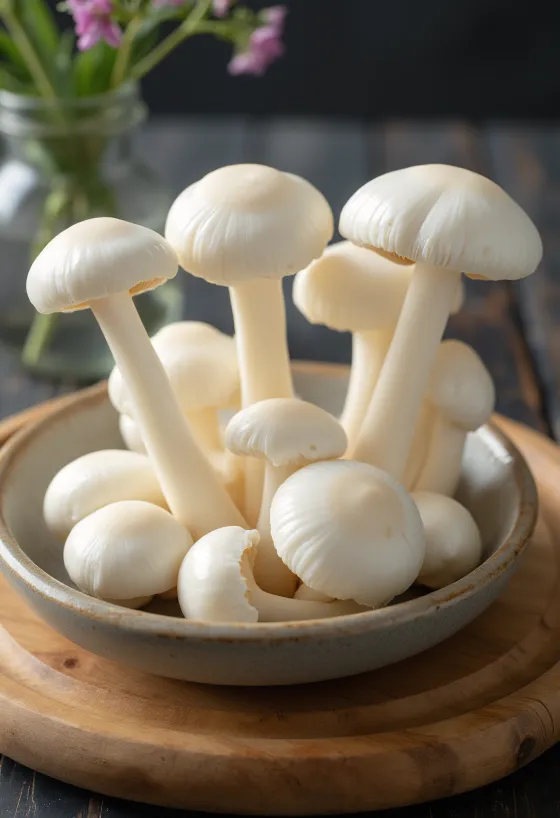 White Beech mushrooms sliced and cleaned on a cutting board
