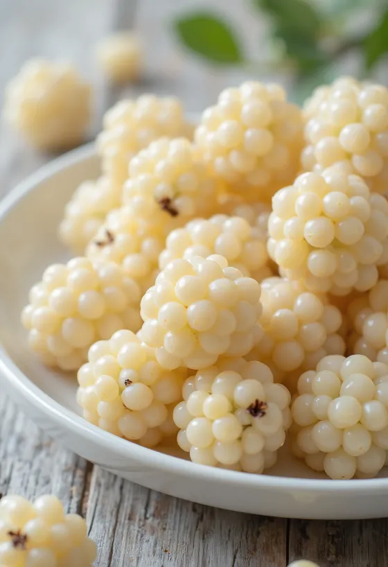 Fresh white mulberry (Morus alba) berries cut open and whole on clean surface