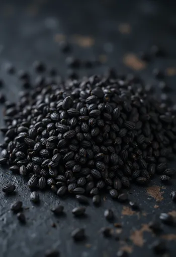 whole black sesame seeds scattered on wooden surface and in small bowl