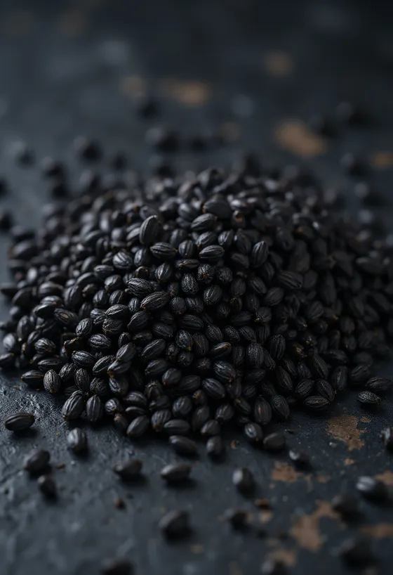 whole black sesame seeds scattered on wooden surface and in small bowl