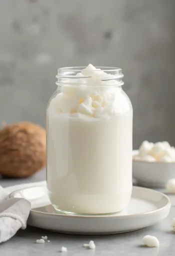 Refined coconut oil in a small bowl, next to white coconut flakes