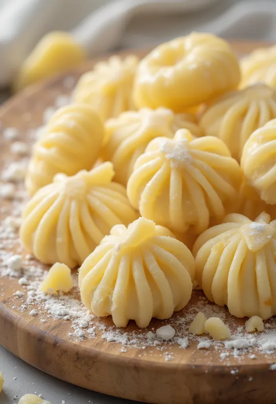 Raw gnocchi pasta on a floured wooden surface