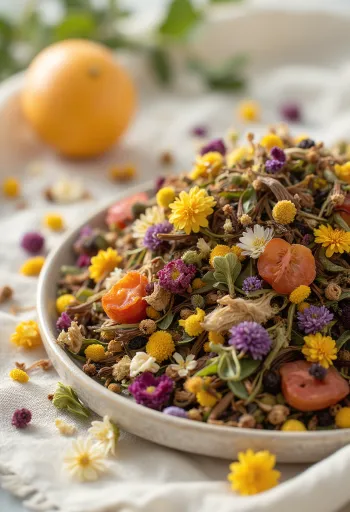 Loose herbal tea, dried plant mix in a bowl and scattered with a wooden spoon