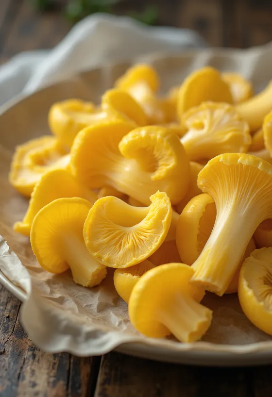 Fresh, sliced pale chanterelle mushrooms served with spices on a rustic board