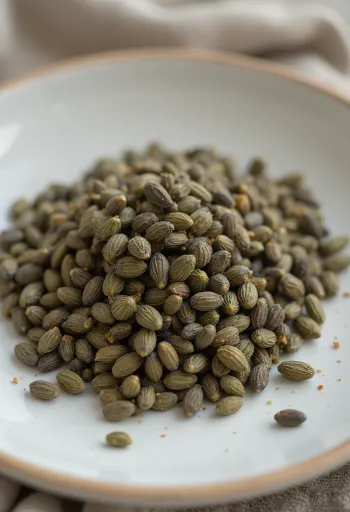 Unhulled hemp seeds close up, scattered on light surface