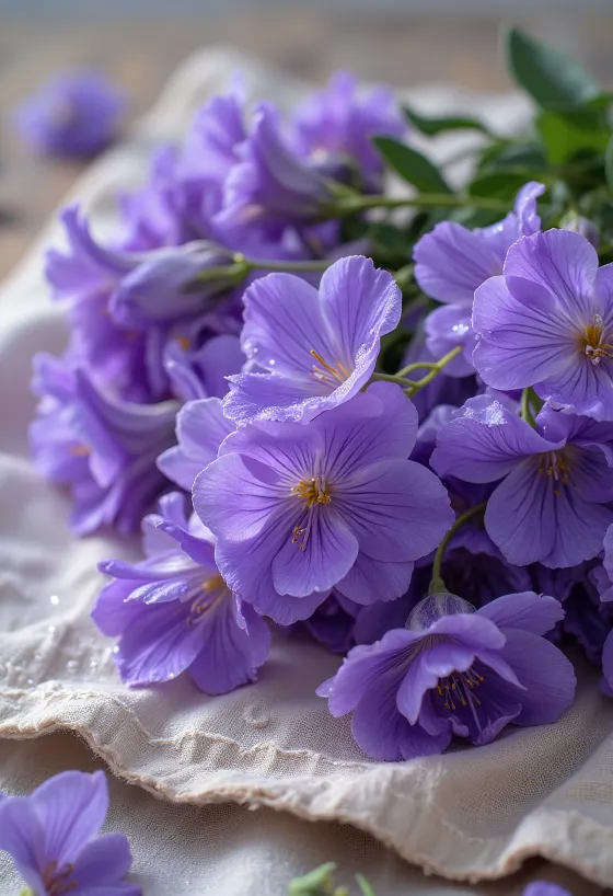 Cleaned and prepared violet flowers for culinary use on a cutting board