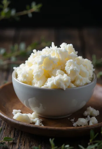 Fresh farmer cheese made from goat's milk in a white ceramic bowl on a wooden table