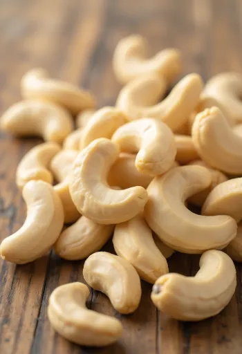 Shelled cashew kernels in a wooden bowl and scattered on a light surface