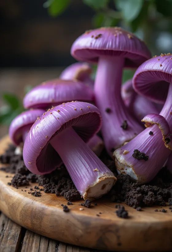 Sliced and cleaned Wood Blewit mushrooms on a kitchen board