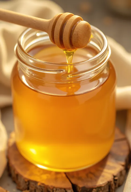 Golden honey in a jar and on a wooden dipper, light background