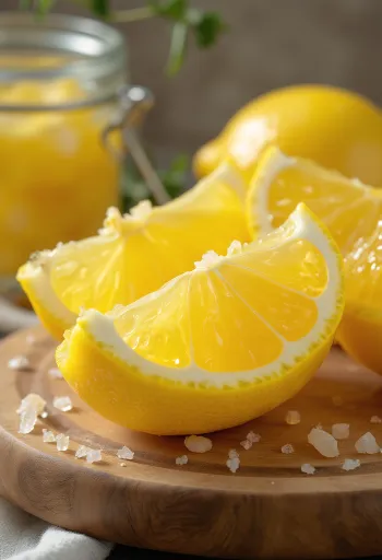 Preserved lemon slices in a jar, slightly translucent golden yellow color