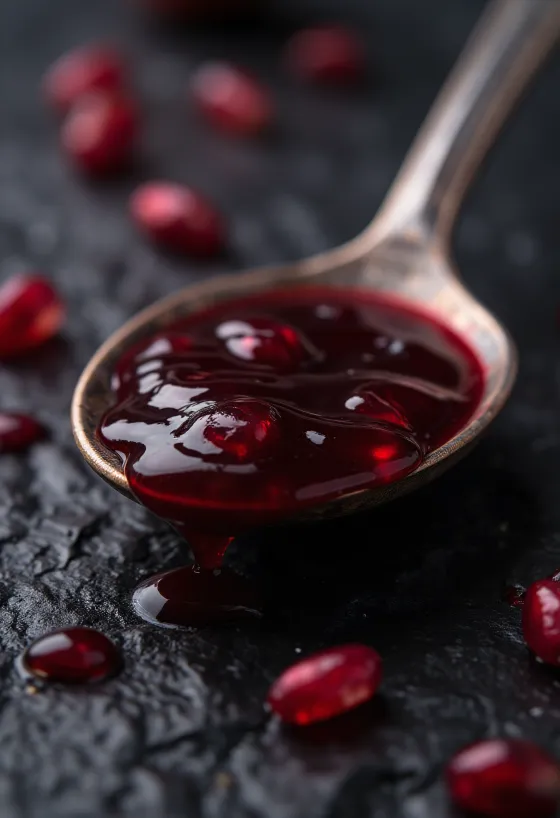 Pomegranate syrup in a small bottle, rich ruby red color