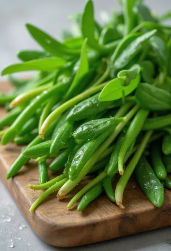 Fresh wild garlic (ramsons), green leaves on a cutting board