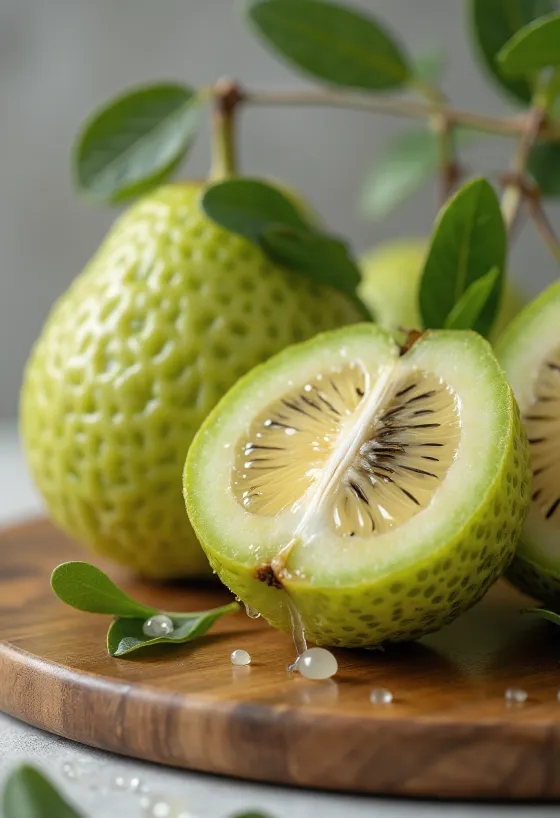 Feijoa fruit, green skin and juicy interior