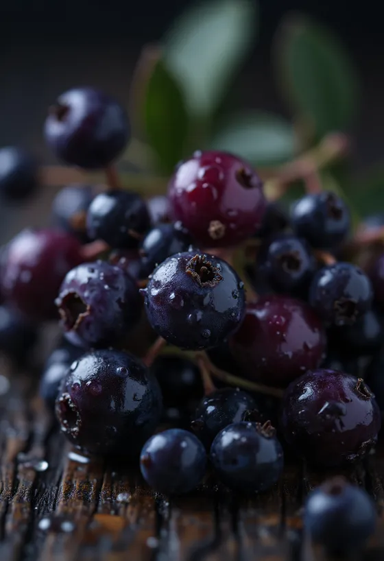 Elderberries, vivid dark purple color and slightly glossy surface