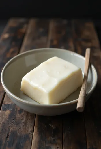 Raw pork fat in a small bowl, surrounded by unprocessed fat tissue pieces