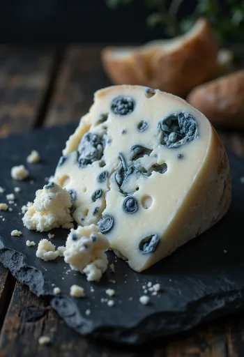 Fresh Roquefort blue cheese in a white ceramic bowl, on a wooden table