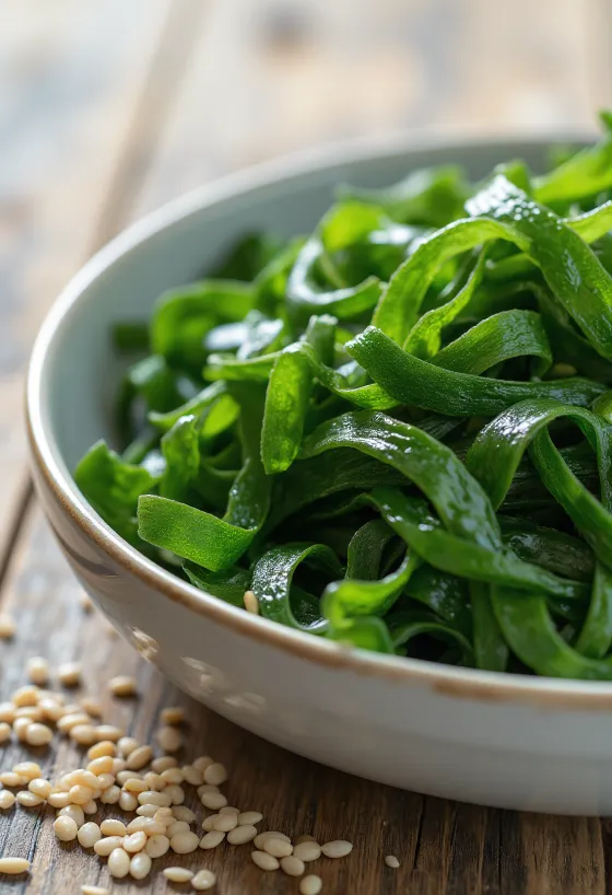 Dried wakame seaweed featuring detailed texture and vibrant green color