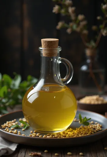 Light sesame oil in a small glass bowl, surrounded by light sesame seeds