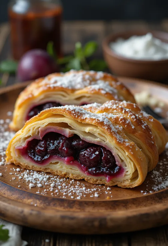 Baked plum strudel dusted with cinnamon sugar