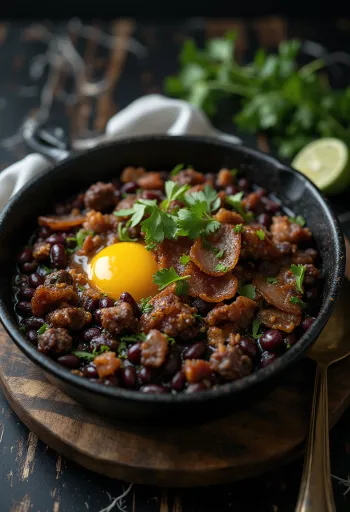 Hearty Brazilian Feijão Tropeiro with beef, beans, and eggs
