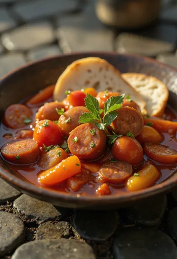 Lecsó with fresh peppers, tomatoes, and sausage