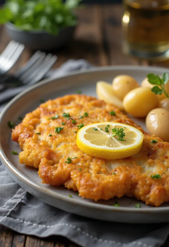 Pork schnitzel served with boiled potatoes and parsley