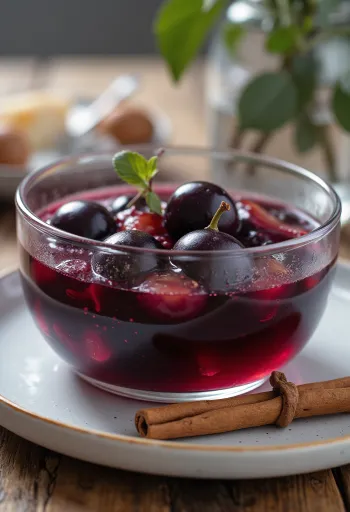 Homemade plum compote spiced with cinnamon and cloves