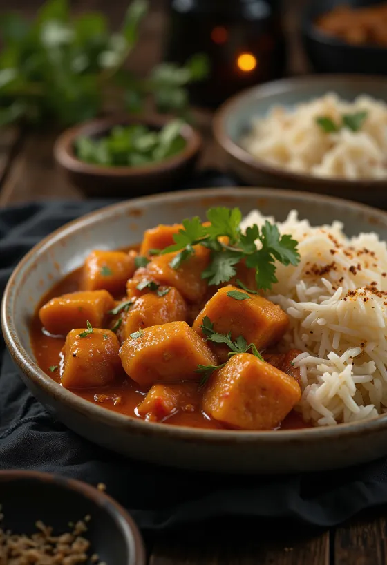 Pork Vindaloo served with rice and cilantro