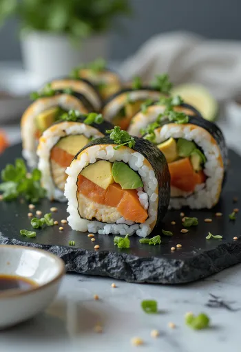 Vegan sushi rolls filled with tofu and vegetables