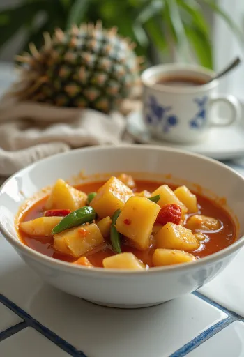 Sweet and sour chicken sauce in a bowl with pineapple and pepper chunks.