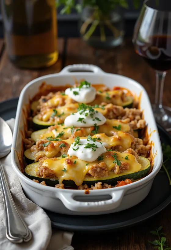 Baked zucchini boats stuffed with ground meat and rice, topped with melted cheese and sour cream.