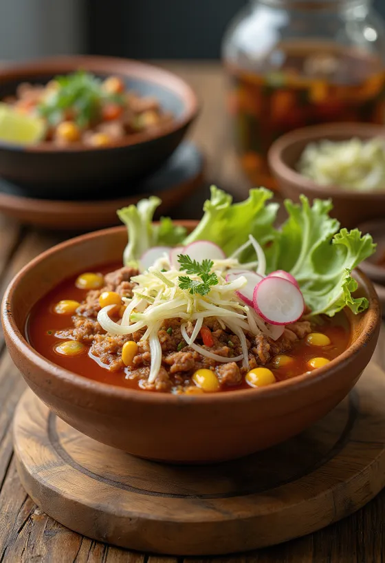Bowl of red pork pozole with toppings