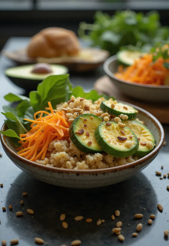 Avocado zucchini Buddha bowl served.