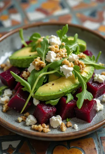 Fresh beet avocado salad with arugula
