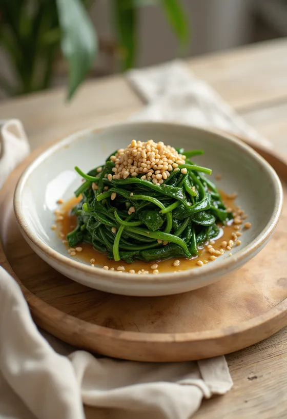 Small bowl of spinach gomae topped with sesame seeds
