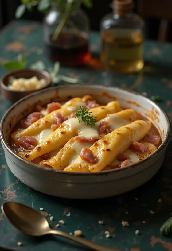 Baked ham and cheese crepes