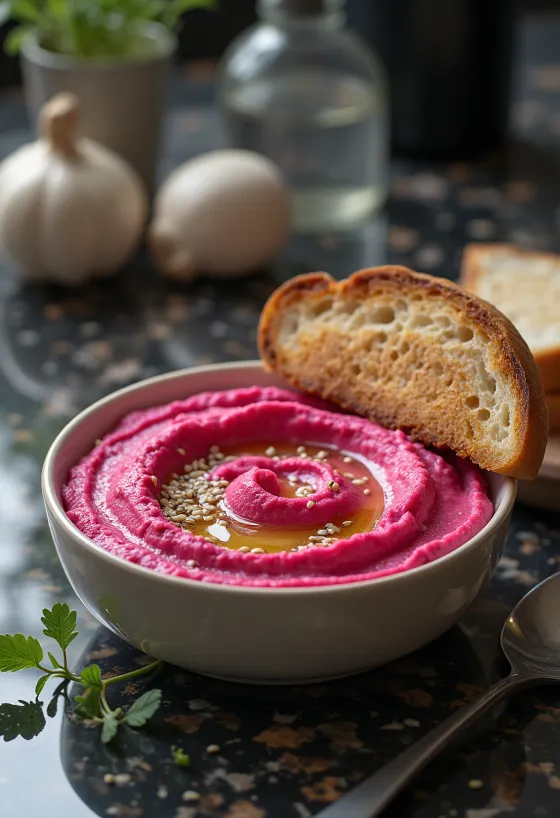 Creamy beet hummus served with toast