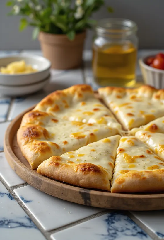 Pizza alla Crema with creamy cheeses and basil