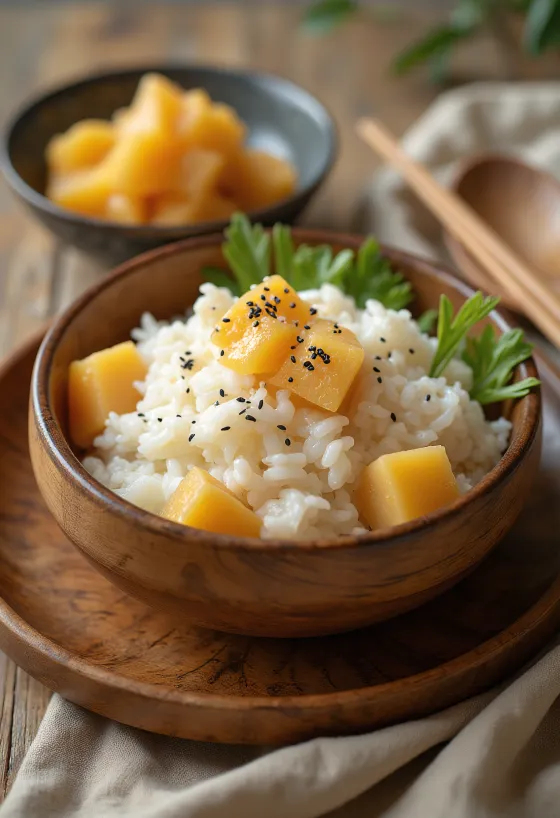 Takikomi gohan with sweet potato, garnished with fresh seaweed