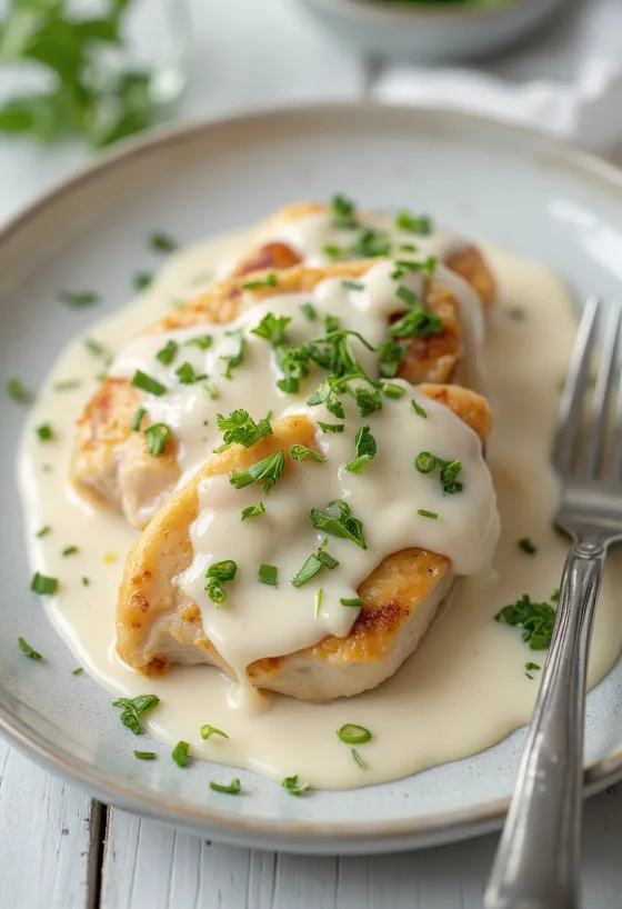 Pan-seared chicken breast in a creamy garlic sauce served with pasta.