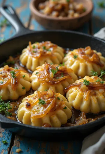 Crispy Dödölle dumplings served with sour cream and fried onions