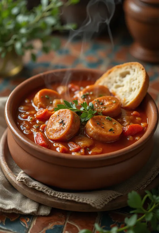 Sausage lecsó with peppers and tomatoes