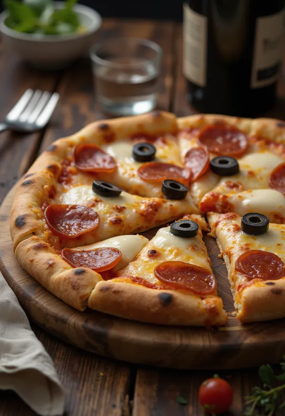 Pepperoni pizza with black olives