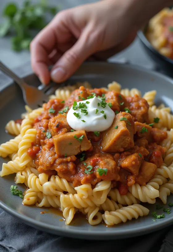 Pork stew served with pasta and a dollop of sour cream